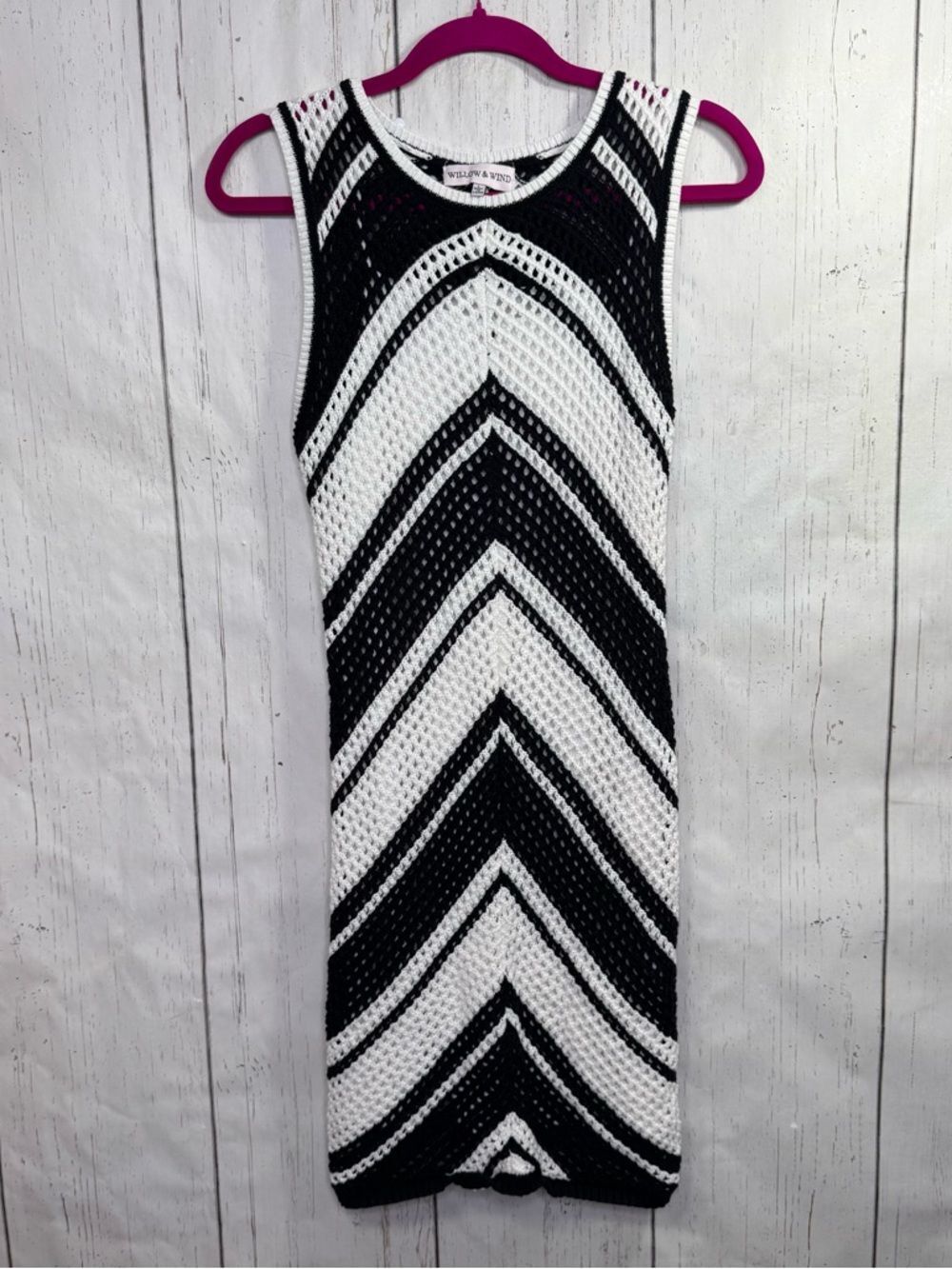Willow & Wind Black White Chevron Knit Dress Boho Crochet Sleeveless Mini Size L